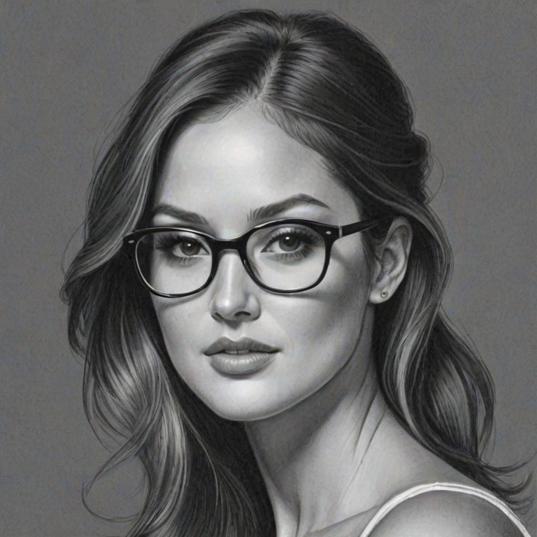 Alluring Minka Kelly, pencil sketch, portrait of Splendid woman 1967s in glasses, hair style beatnik, outline, clear lines, fine lines, 8k