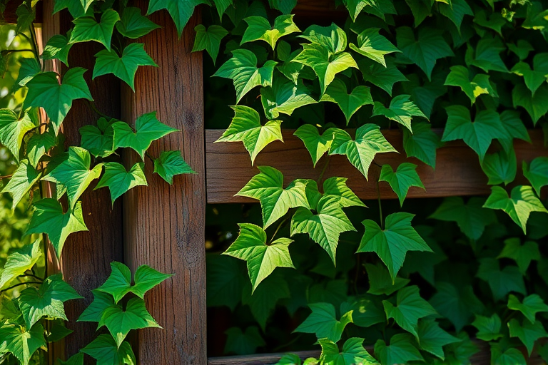 Create a high-resolution image of lush green ivy leaves climbing a rustic wooden trellis, captured with a Canon EOS 5D Mark IV, 50mm f/1.8 lens, aperture set to f/2.8, using natural soft sunlight for enhanced detail and vibrancy, with a shallow depth of field focusing on the leaves, in a macro perspective.