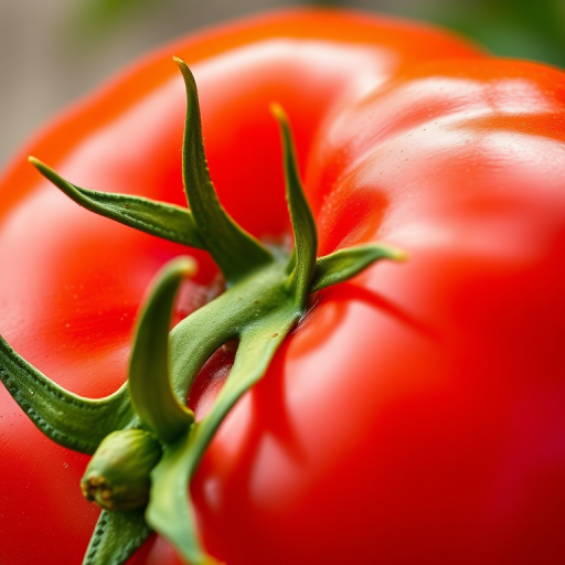 Create a high-resolution illustration of a shiny red tomato with a glossy finish and vibrant green stem, using a DSLR camera with a 50mm lens, ISO 100, f/1.8 aperture, and a shallow depth of field to enhance colors and details.