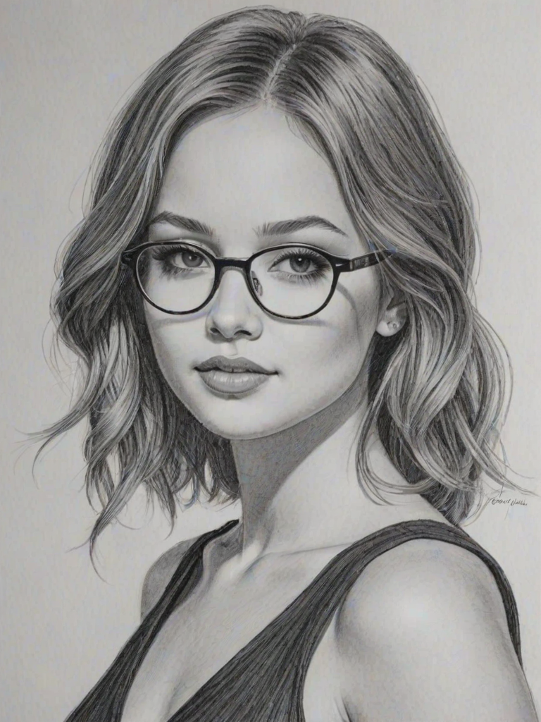 Enticing Kelli Berglund, pencil sketch, portrait of Ravishing woman 1923s in glasses, hair style beatnik, outline, clear lines, fine lines, 8k