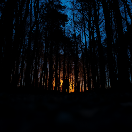 Create a high-resolution image of a mysterious silhouette in a darkened forest at dusk, using a Canon EOS R5 with a 50mm f/1.2 lens set to ISO 100, aperture f/2.8, and a shutter speed of 1/60s, captured from a low angle to enhance depth and atmosphere.