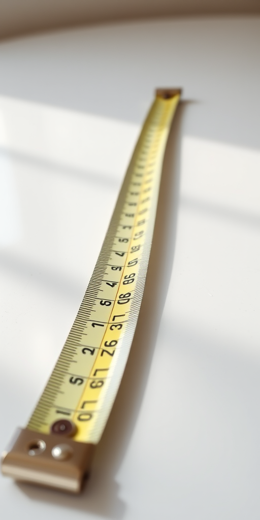 Create a high-resolution image of a measuring tape on a clean surface with a focus on the tape extending outwards, using a DSLR camera with a 50mm lens, aperture f/2.8, ISO 100, and a natural light setting.