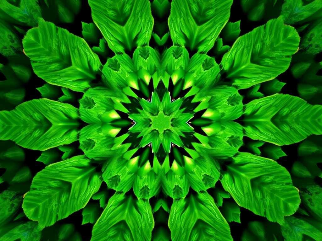 generate a symmetrical kaleidoscopic pattern featuring vibrant green foliage with intricate details, captured with a DSLR camera at f/8 aperture, 1/125 shutter speed, ISO 200, using a macro lens for enhanced texture and depth, view from directly above the center, in high-resolution quality.