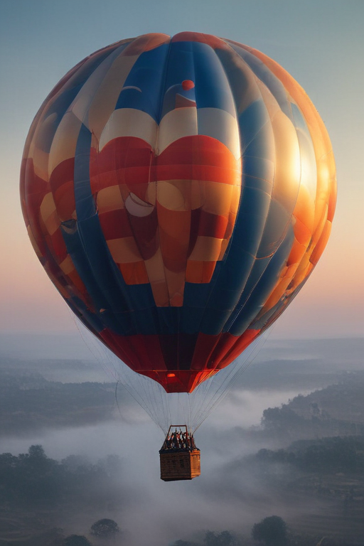 Colorful Hot Air Balloon Floating Above Misty Landscape at Sunrise