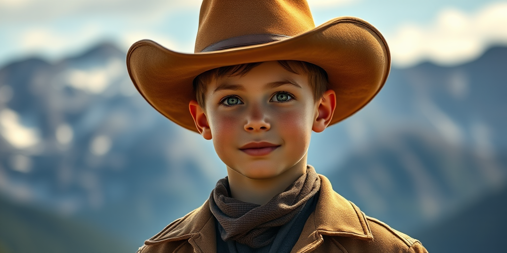 portrait of a young cowboy in a brown jacket and hat against a mountain backdrop, 50mm lens, f/1.8 aperture, ISO 100, soft natural lighting, high resolution, digital painting style, Canon EOS R5