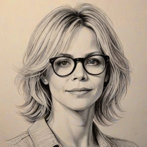 Beauteous Meg Ryan, pencil sketch, portrait of Radiant woman 1969s in glasses, hair style beatnik, outline, clear lines, fine lines, 8k