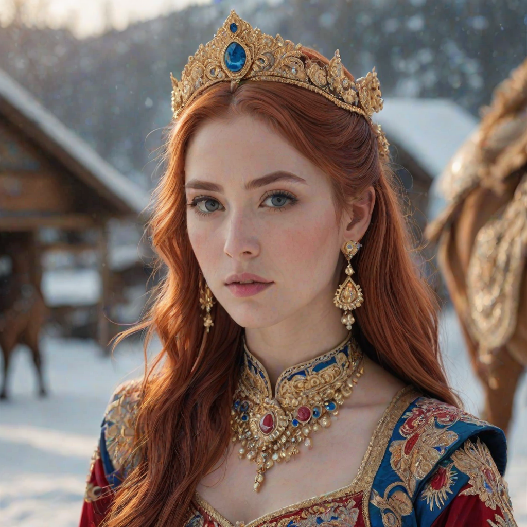 A young woman with long, flowing red hair, wearing a traditional, ornate red and blue costume with gold accents and intricate embroidery, stands facing the viewer in a close-up portrait. Her hair is styled in a high ponytail and adorned with a pair of golden, winged hairpieces. She wears gold earrings and her makeup is accented with light pink blush and a bright red lip. She has a soft and slightly melancholic expression, with her eyes looking directly at the camera. The background is a blurred, out-of-focus snowy landscape, with the woman in the foreground. The lighting is soft and natural, creating a warm, intimate atmosphere. The image is composed using a shallow depth of field, with the woman as the main focal point. The overall style is elegant, delicate, and fairytale-like.