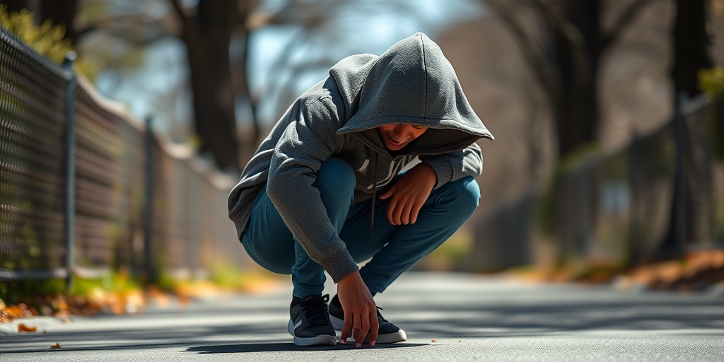 Create an image of a person crouching with a hoodie, captured in bright daylight using a DSLR camera with a 50mm lens, aperture set to f/2.8, ISO 100, and a shallow depth of field to focus on the subject while blurring the background.