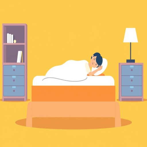 Create a high-resolution vector graphic of a simple bed icon with a person lying down, using a flat design style, in a warm yellow background, captured with a digital camera at f/8 aperture, 1/125s shutter speed, 50mm lens, and a focus on symmetry.