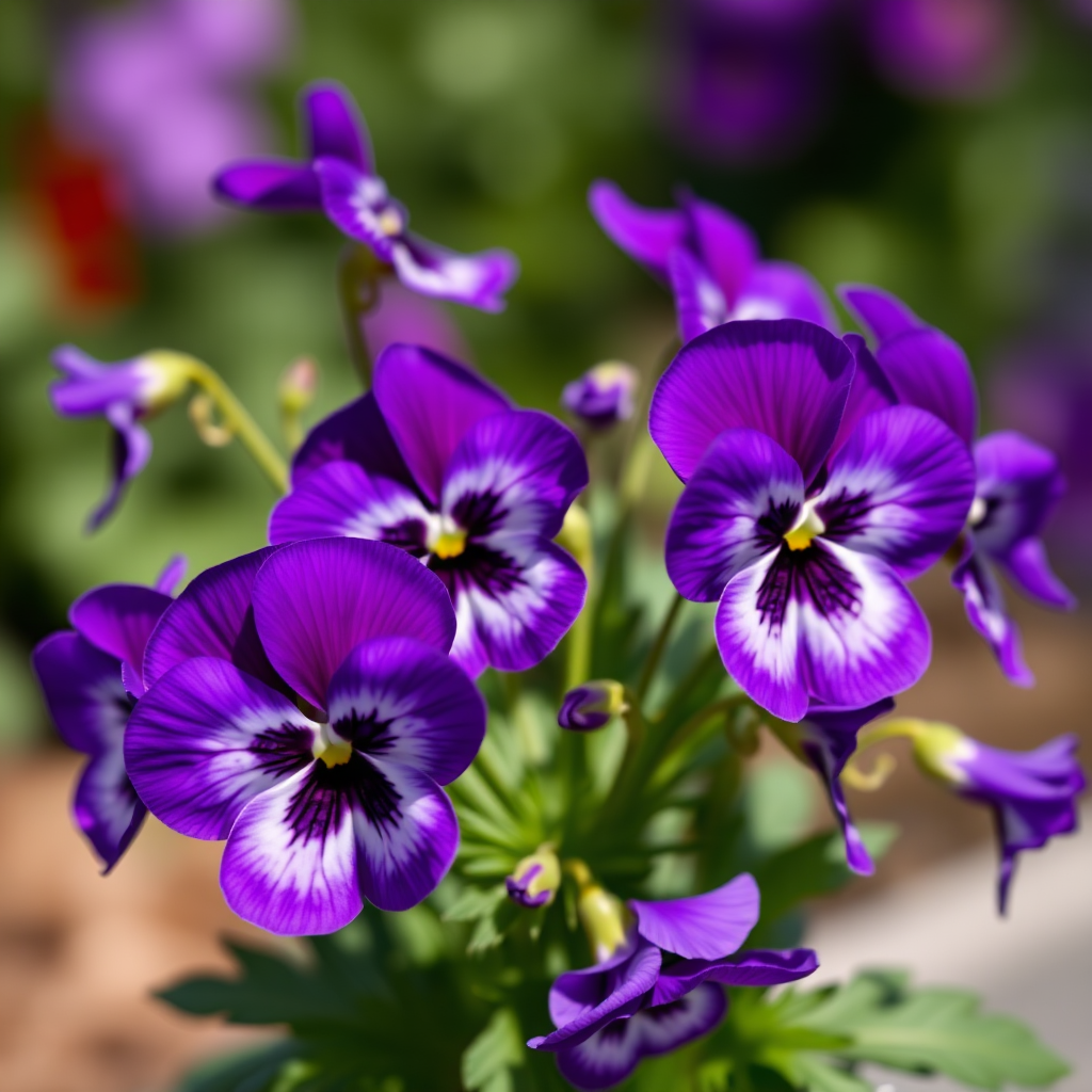 vibrant bouquet of purple pansy flowers in full bloom, taken with a Nikon D850, 50mm lens, f/2.8 aperture, ISO 100, natural light, shallow depth of field, soft focus background, high-resolution