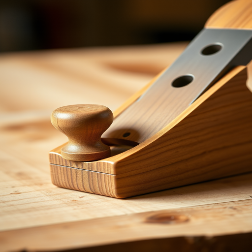 Generate a high-resolution image of a wooden hand planer with a smooth finish and a detailed grain texture, using a DSLR camera with a 50mm lens, f/2.8 aperture, ISO 100, in a well-lit studio setting with a shallow depth of field and a slight side angle for an artistic view.