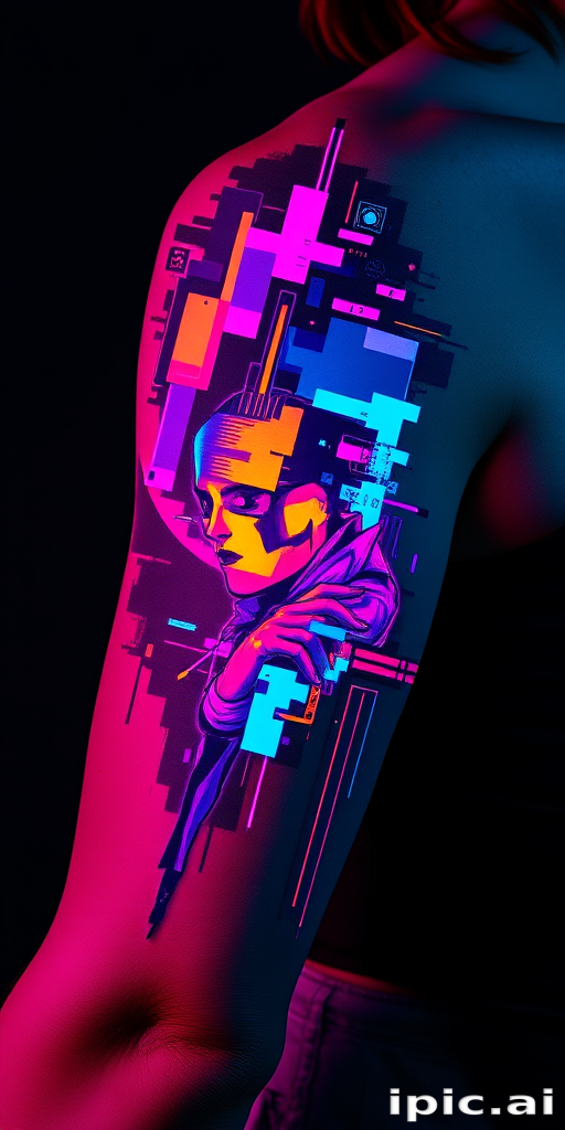 Glitch art-inspired pixelated design on upper arm, fragmented and distorted image in neon colors creating futuristic cyberpunk aesthetic