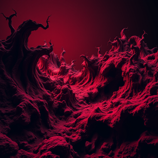 Create a surreal, dark red abstract landscape featuring intricate twisting forms and textures, focus on enhancing depth and dimensionality with soft diffused lighting, use a wide-angle lens at f/8 for increased sharpness, positioned at eye level with a high dynamic range to capture vivid details and contrast.