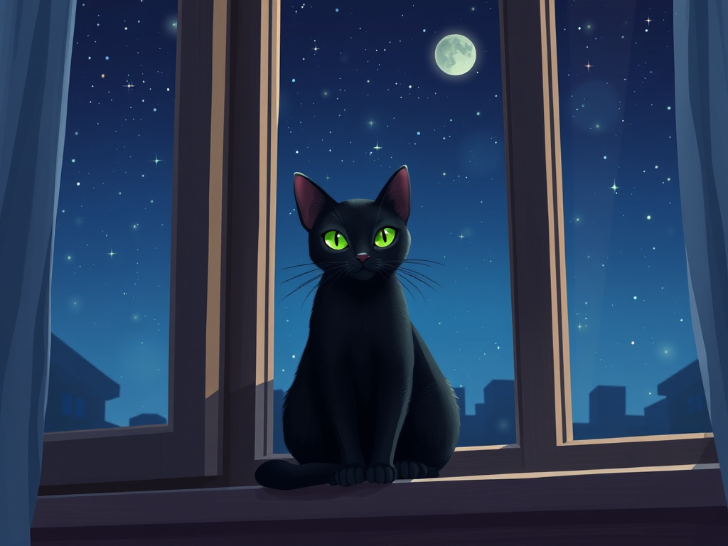 Create a high-quality digital illustration of a black cat with bright green eyes sitting on a windowsill against a night sky backdrop, using a Canon EOS R5 camera, 50mm lens, aperture f/1.8, ISO 400, with a soft focus and natural light for a dreamy effect.