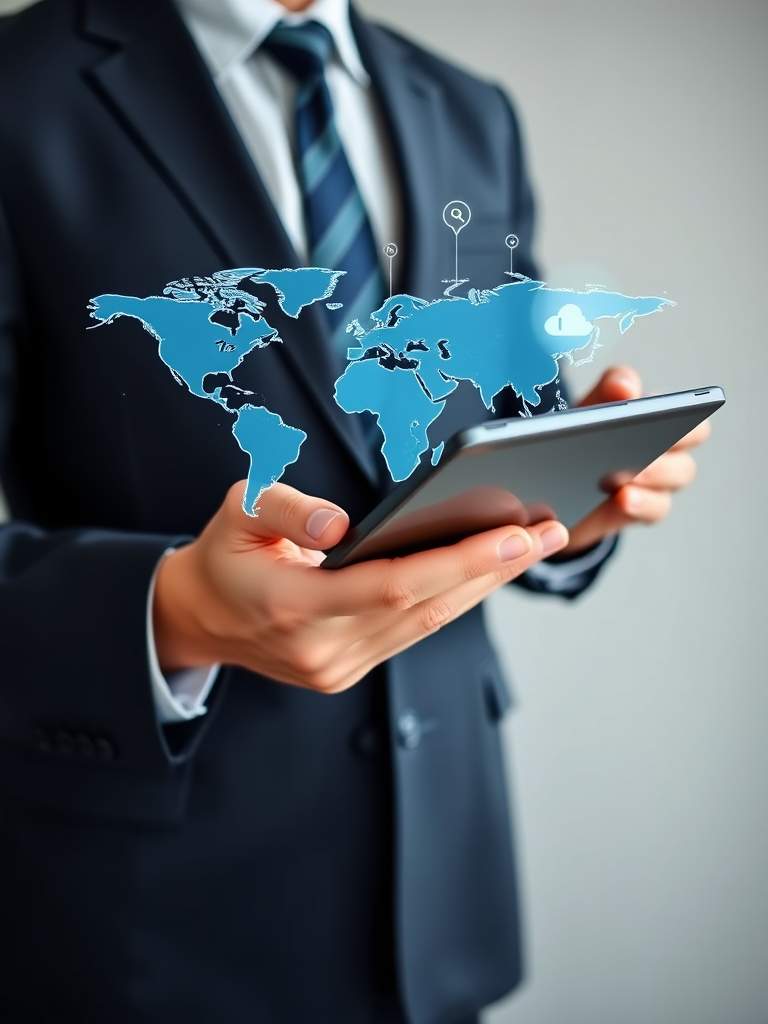 Create a professional business-themed image featuring a person in a suit holding a tablet, with a world map in the background displaying interconnected digital icons like network, cloud, and communication; use a DSLR camera, 50mm lens, f/1.8 aperture, ISO 100, and natural light for enhanced clarity and detail.