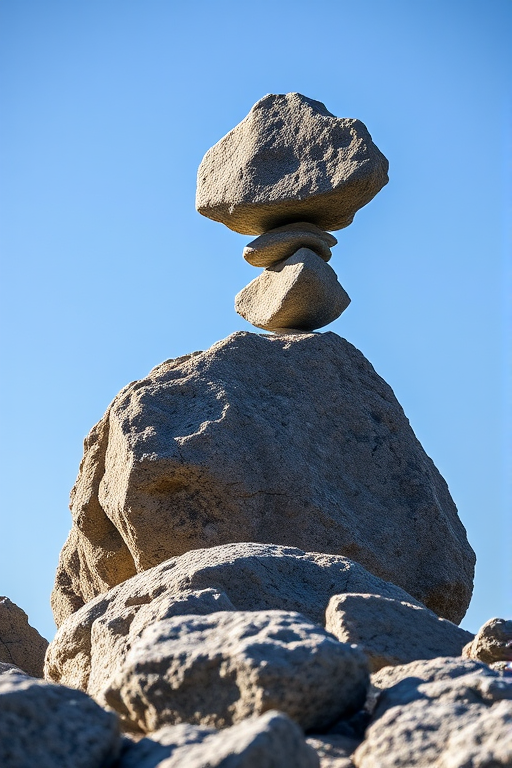 a large rock balanced on a smaller rock with a clear blue sky background, taken with a DSLR camera with a 50mm lens, aperture f/2.8, ISO 100, and a slight vignette effect to enhance focus on the rocks