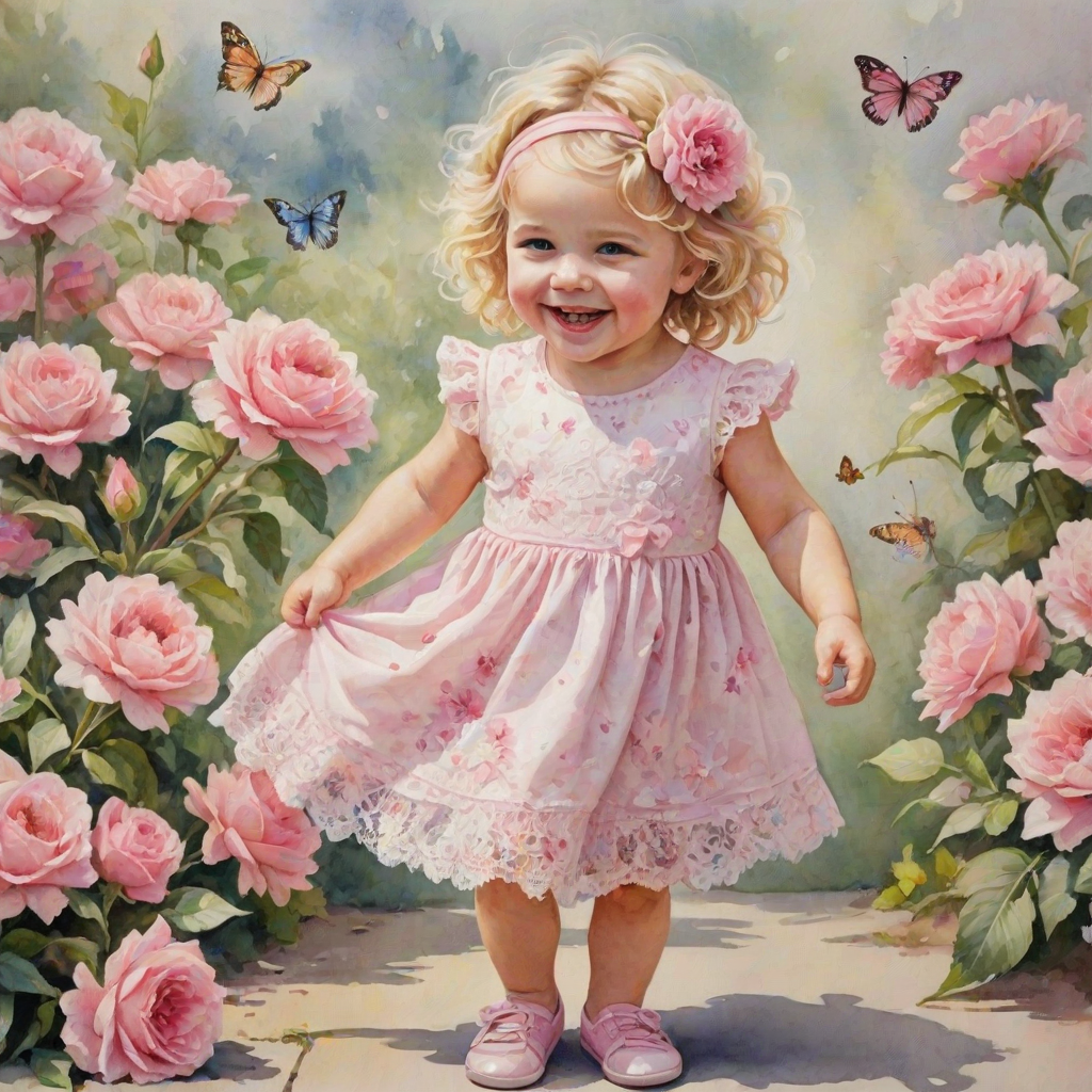 hyperrealism happy smiling toddler girl with messy wavy blonde hair with a headband, she is wearing a pink and white lace dress with pink and white shoes, she is holding a pink bouquet of flowers. Pink flowers and butterflies. summer background. Watercolor Highly detailed