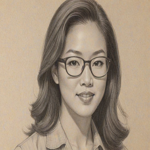Delightful Michelle Kwan, pencil sketch, portrait of Radiant woman 1956s in glasses, hair style beatnik, outline, clear lines, fine lines, 8k