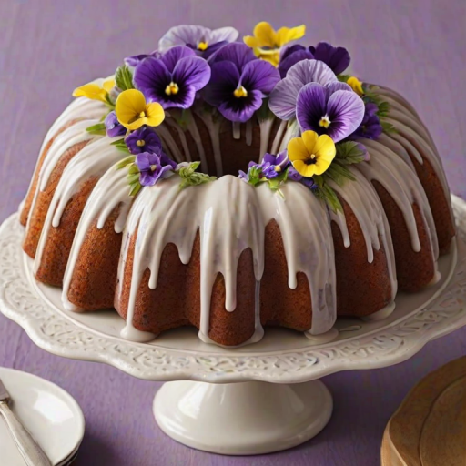Create an image of a beautifully decorated bundt cake with a light glaze on top. The cake should have a floral design using edible pansies in shades of purple and yellow. The setting should be bright and inviting, with a soft, textured background that complements the cake.