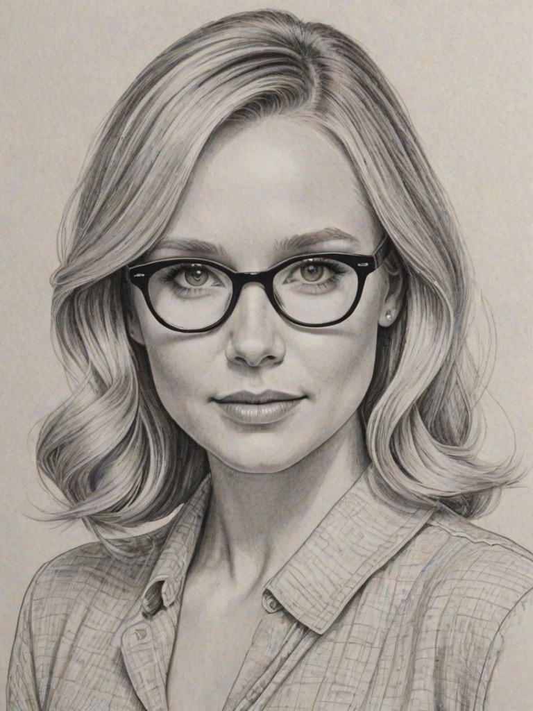 Lovely Kristen Bell, pencil sketch, portrait of Enchanting woman 1955s in glasses, hair style beatnik, outline, clear lines, fine lines, 8k