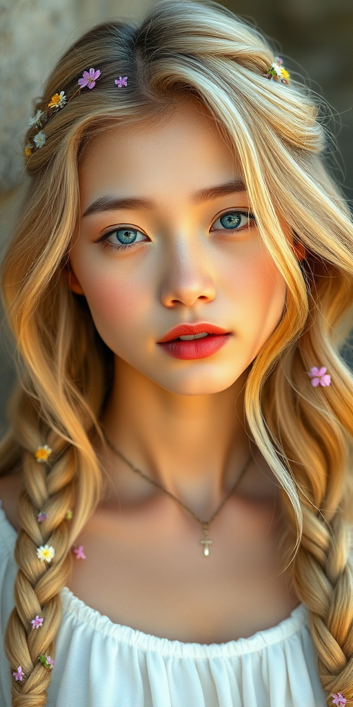 Create an image of a young Thai woman with long, wavy blonde hair, adorned with small, colorful flowers woven into her braids and loose strands. Her complexion is fair, with soft, glowing skin, and she has light blue eyes that gaze softly at the viewer. She wears a light, flowing dress with a gentle, ethereal quality, complementing her delicate and serene appearance. The background is slightly blurred, drawing focus to her tranquil expression and the intricate details of the flowers in her hair. The overall mood of the image is one of natural beauty and grace, evoking a sense of peacefulness and connection with nature.