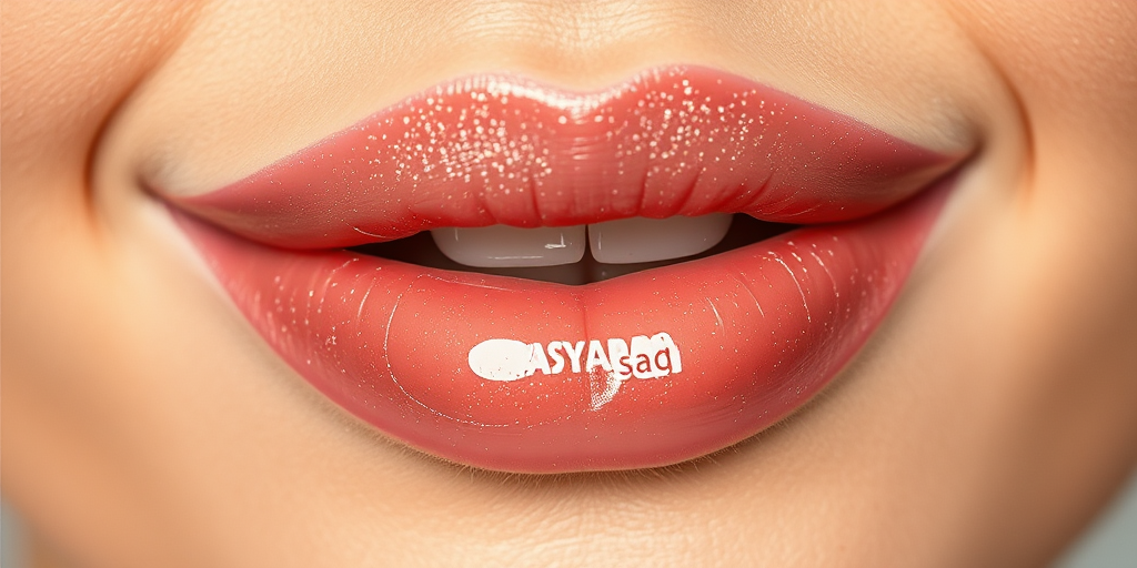 Glossy nude lips with a hint of sparkle, enhancing natural lip shape and color while adding a touch of glamour to everyday looks