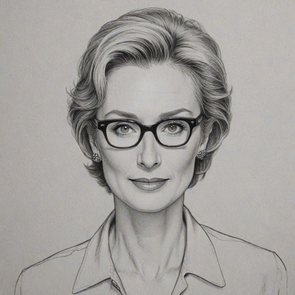 Pleasing Jane Lynch, pencil sketch, portrait of Comely woman 1951s in glasses, hair style beatnik, outline, clear lines, fine lines, 8k