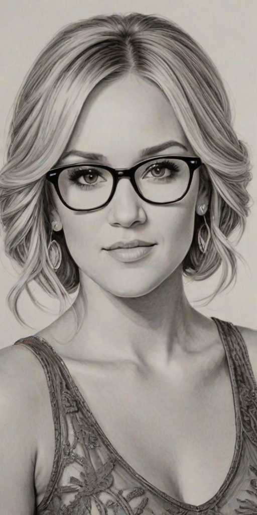 Resplendent Carrie Underwood, pencil sketch, portrait of Alluring woman 1922s in glasses, hair style beatnik, outline, clear lines, fine lines, 8k