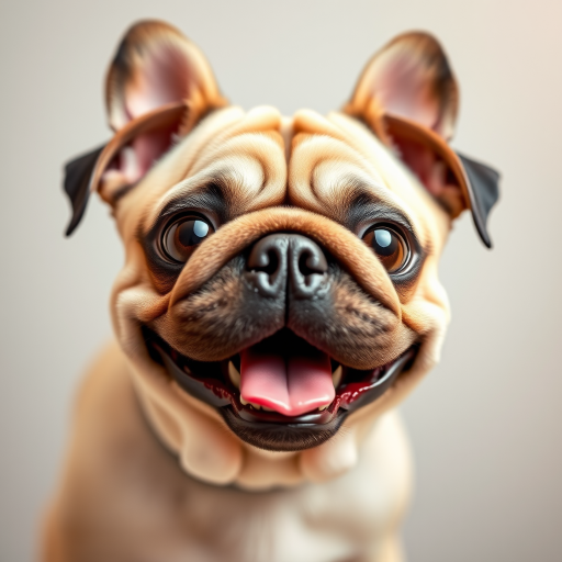 Create a playful cartoon-style image of a pug with exaggerated features and vibrant colors, captured using a DSLR camera with a 50mm lens, f/1.8 aperture, ISO 100, and a shallow depth of field for a soft background.