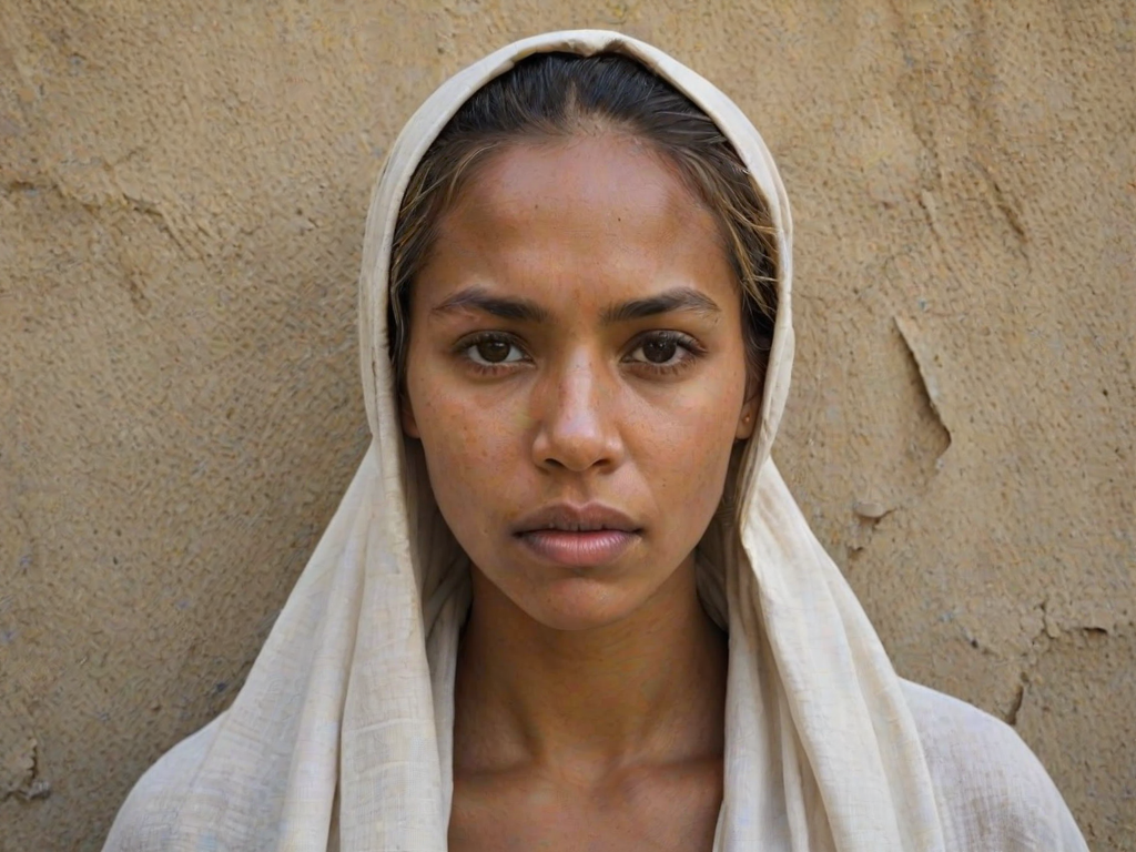 Create a close-up photographic image of a Aboriginal Australian woman with light skin tones shown against an old, worn wall. Their head is wrapped in a white cloth covering (i.e.... parts of the head except the nose and mouth, which are open as if they are screaming...), with a slight texture and visible folds in the fabric. Thin strands of blonde hair escape from the wrapping above, falling lightly at the top and sides. Their hands hold the fabric as if they are tugging nervously. The lighting is dramatic and even, casting strong shadows. The image has a minimalist and surreal style with an emphasis on simplicity with soft color tones. The composition is centered.