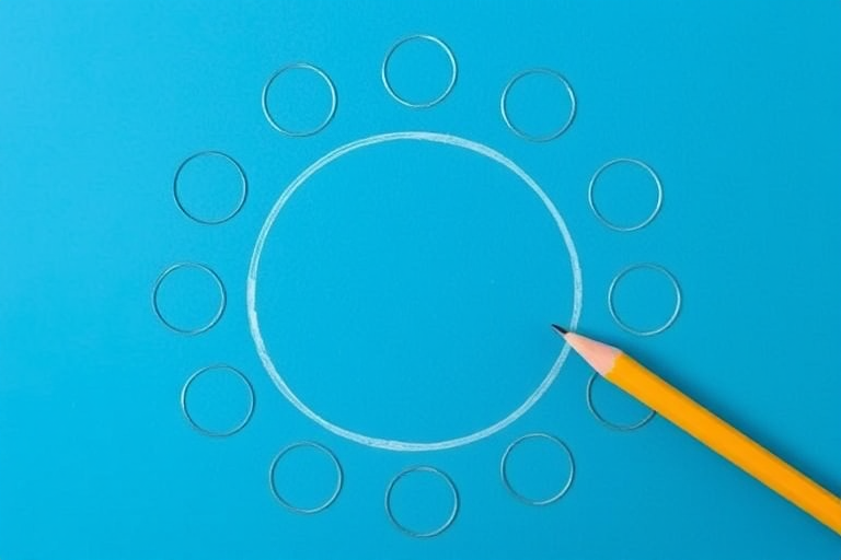 Create an image of a yellow pencil drawing a circle on a blue background featuring twelve empty circles around it, captured with a Canon EOS 5D Mark IV at f/8, ISO 100, 1/125 sec, in a flat lay perspective with vibrant colors for enhanced clarity.