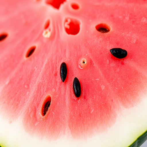 Create a high-resolution illustration of a watermelon slice, focusing on vibrant pink flesh with dark seeds, green rind, shot in macro view with a DSLR camera at f/2.8, ISO 100, and natural lighting to enhance color contrast and detail.