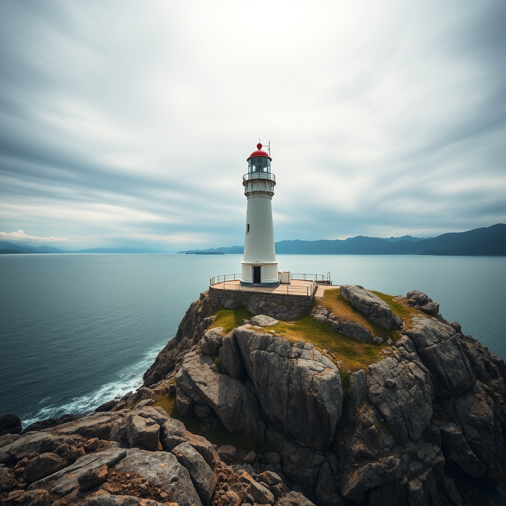 Generate an image of a lighthouse on a rocky island with mountains in the background, captured in HDR with a wide angle lens at f/8, ISO 100, shutter speed 1/200s, landscape orientation, using a DSLR camera.