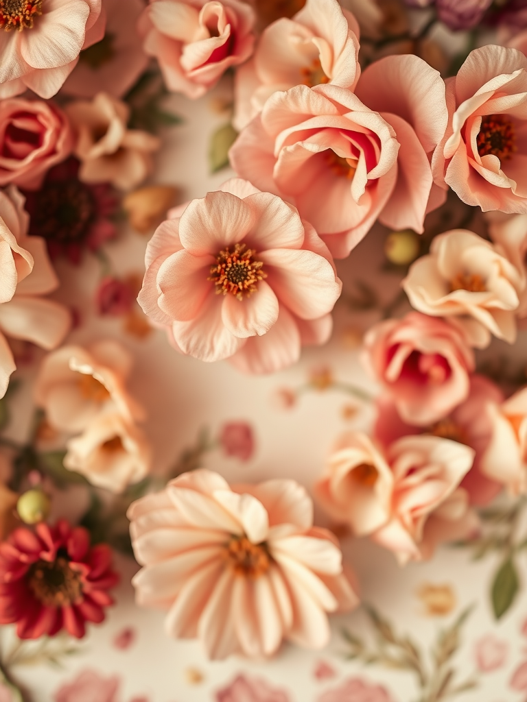 Create a vintage floral background with soft textures, warm lighting, shallow depth of field, f-stop 2.8, 50mm lens, ISO 100, DSLR camera, overhead view.
