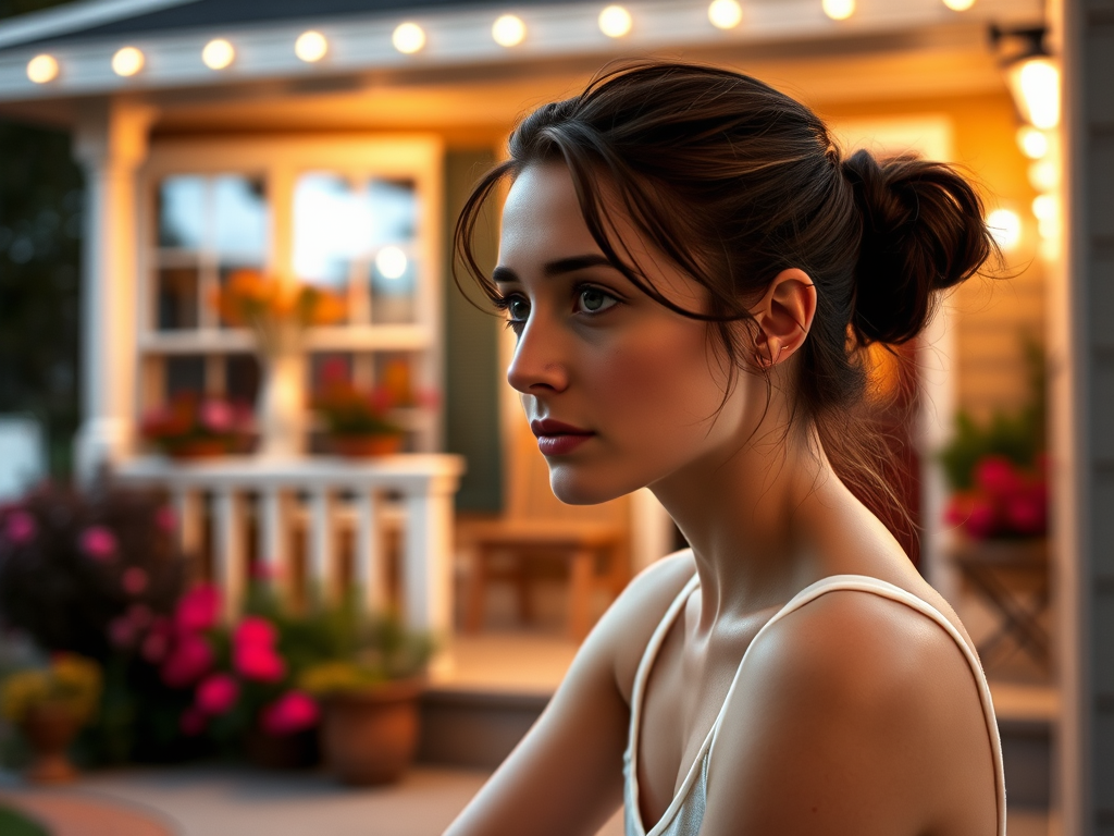 A photo of Saoirse Ronan with a background of a cozy porch. She has dark hair pulled back in an updo, with tendrils framing her face. She wears a white tank top and sits on the porch. The porch is part of a well-lit home with a warm, earthy tone and colorful flowers and foliage. The overall scene has a warm, welcoming, and comfortable ambiance.