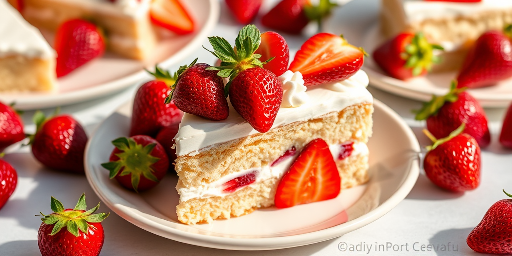 A delicious slice of cake topped with whipped cream and fresh strawberries on a light plate surrounded by more slices and strawberries in a bright setting.