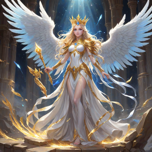 white_robes,glowing_aura,wings,halo,ethereal_presence,benevolent_smile,radiant_light,long_hair,blue_eyes,golden_crown,holding_instruments,serene_expression,floating,multicolored_wings,multiple_wings,humanoid_form,holding_scroll,shining_armor,barefoot,youthful_appearance,celestial_glow,