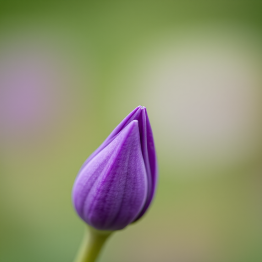 macro shot of a purple flower bud on a blurred green background, aperture f/2.8, shutter speed 1/200s, ISO 100, focal length 50mm, taken with a DSLR camera, soft focus style