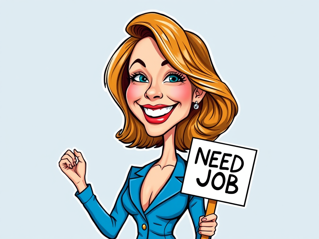 caricature of a smiling Emma Stone in a Cobalt dress or suit, holding up a sign that says "NEED A JOB", no watermark,