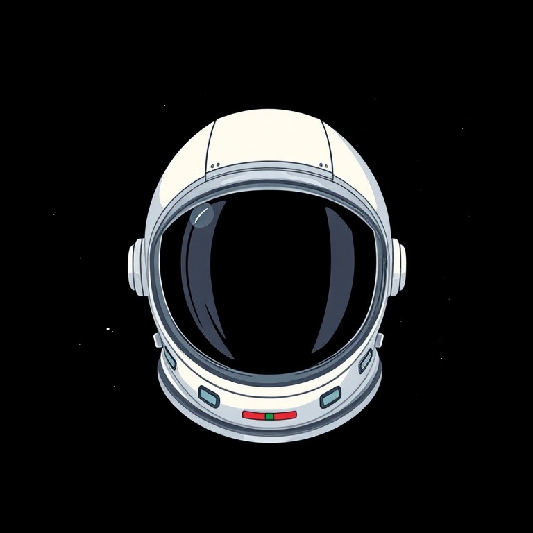 Create an illustration of an astronaut's helmet with a minimalistic design, featuring a dark starry background, using a Canon EOS R5 camera, 50mm lens, f/1.8 aperture, ISO 100, and a soft focus style.