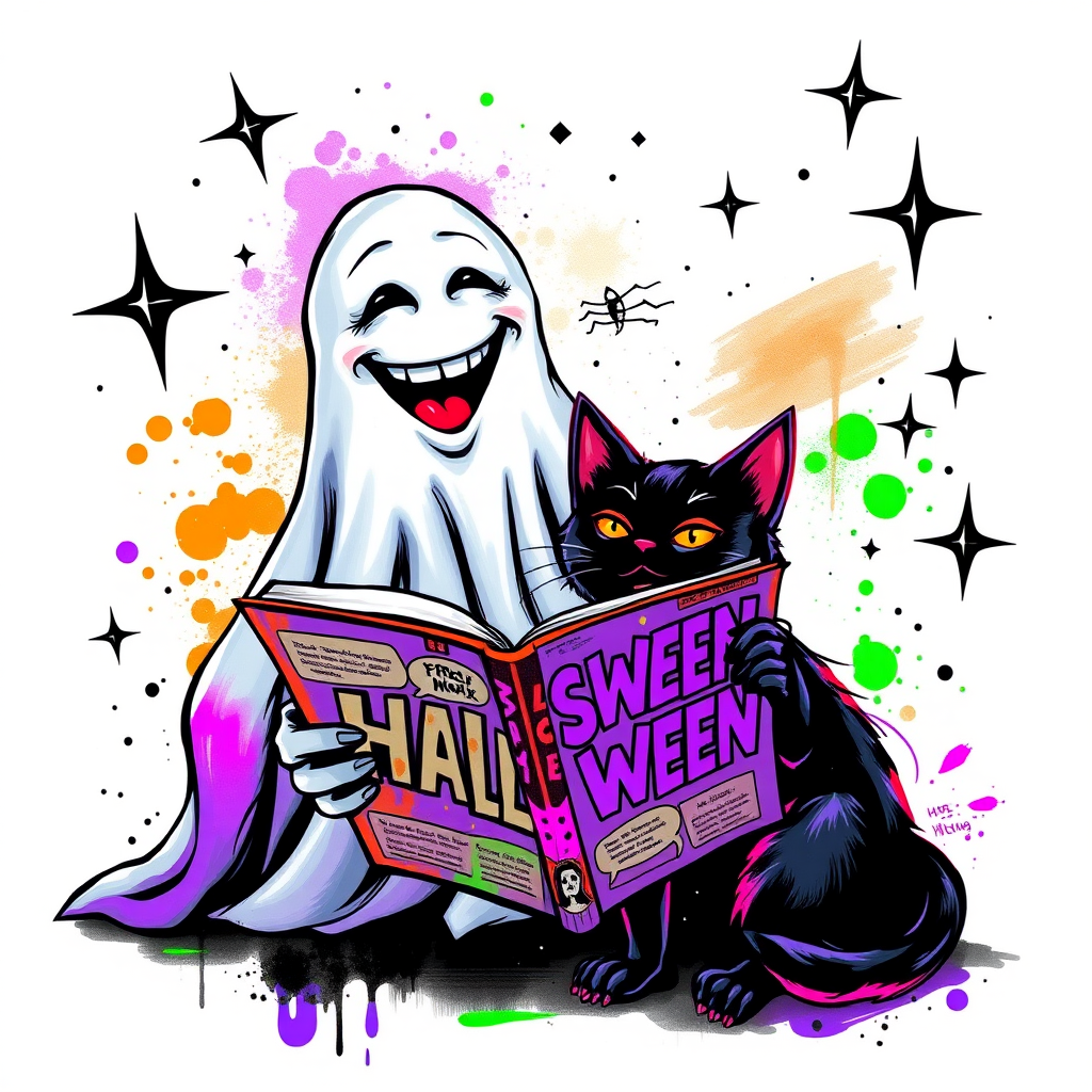 Image of a ghost and a black cat laughing exaggeratedly , and reading a comic halloween comic book, alcohol ink airbrush style, funny halloween theme, white background with neon purple, neon orange, neon green splash, black sparkles stars , dazzling BG