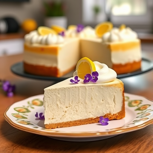 A beautifully presented slice of lemon meringue cheesecake on a decorative plate with a whole cheesecake in the background garnished with small purple flowers and lemon slices, captured in a bright and inviting kitchen setting.