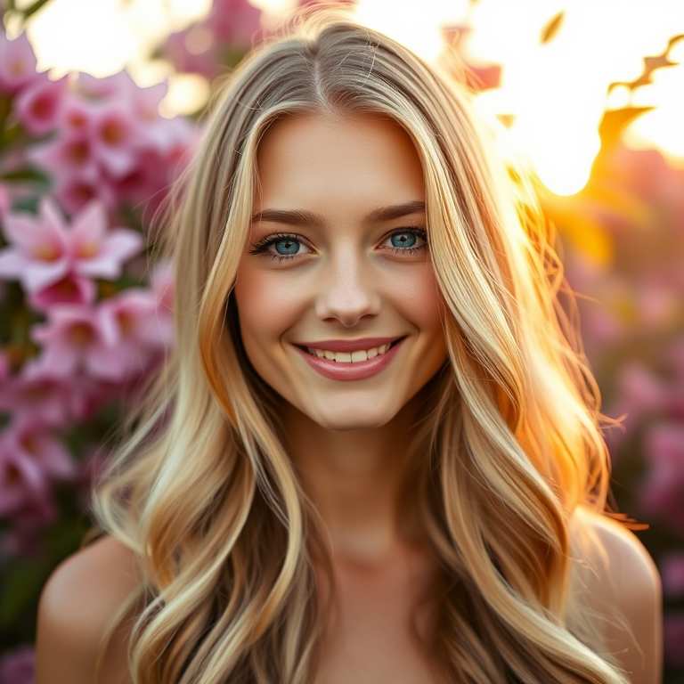 portrait of a young woman with long, wavy blonde hair and blue eyes smiling softly, blooming pink flowers in the background, warm sunset lighting, shot with a Canon EOS R5, 85mm lens, aperture f/1.8, ISO 100, natural light, shallow depth of field, soft focus on background