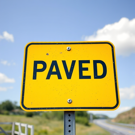 Create a high-resolution image of a yellow road sign with the word "PAVED" in bold black letters, using a DSLR camera set to 50mm lens, aperture f/8, shutter speed 1/250s, ISO 200, capture from a straight-on view with natural lighting.