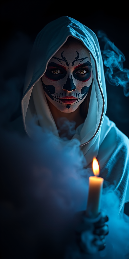 Create a dramatic portrait of a woman with a painted skull face, wearing a flowing white hooded cloak, surrounded by soft blue smoke, illuminated by the warm glow of a single candle, set against a dark, mysterious background, using a Canon EOS R5 with a 50mm f/1.2 lens, at ISO 100, aperture f/1.2, and a shutter speed of 1/60s for optimal clarity and depth of field.