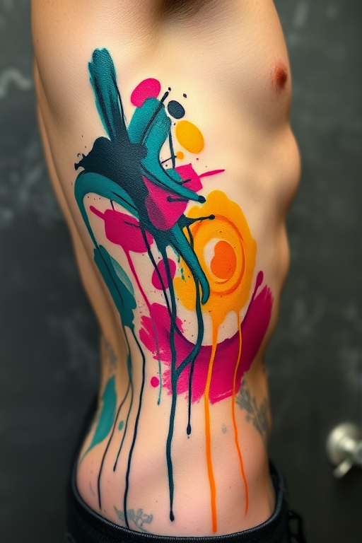 Abstract expressionist tattoo covering the side torso, showcasing chaotic brushstrokes and paint drips in a vibrant palette of teal, magenta, and yellow