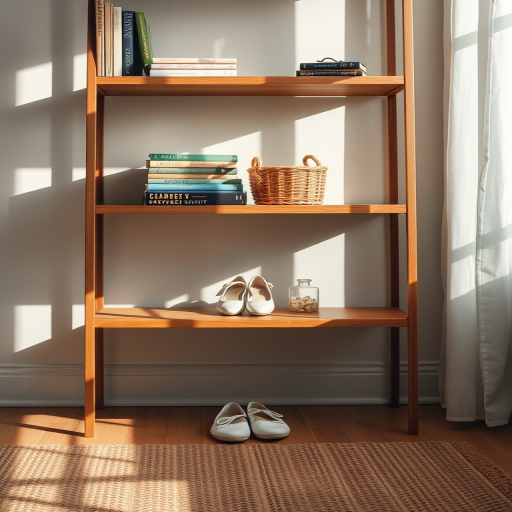 A well-lit interior shot of a wooden shelf displaying stacked books, a basket, and a pair of white shoes, with soft shadows cast on a textured rug, captured with a 50mm lens at f/2.8, ISO 200, in natural light, using a full-frame DSLR camera.