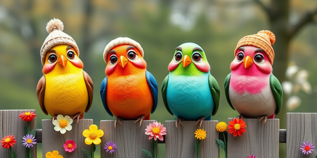 create a scene of 4 quirky  whimsical colourful comical birds each with a funny expression. they are sat on a wooden fence with colourful flowers. they are all different sizes. each one is a different colour  one is wearing a woolly hat. Each one has a different quirky google expression and there is a muted background of trees watercolour paintierly style high definition 8k resolution 3D paper mache