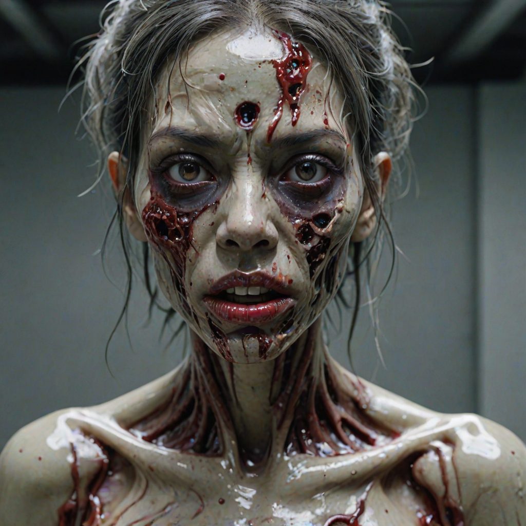 (perspective) of A creepy (ethnicity) zombie cyborg with (descriptive color) skin, (color) lipstick (color) liquid flowing from her eyes and mouth, (perspective two) portrait, (camera angle), extremely detailed, (art style) in the style of Yoshitaka Amano and Tetsuo Hara. --ar 85:128 --style raw --niji 6