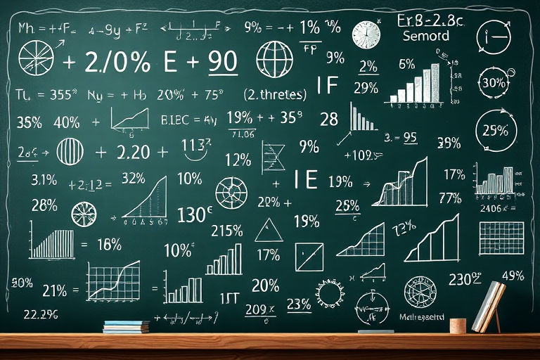 Create an illustration of a chalkboard filled with mathematical symbols, graphs, and percentages; use a DSLR camera with a 50mm f/1.8 lens, aperture set to f/2.8, ISO 400, and a slight vignette effect to enhance clarity and contrast.